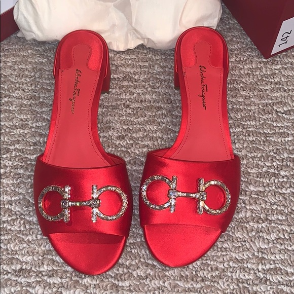 Salvatore Ferragamo Shoes - Salvatore Ferragamo Red Silk Lampiot Sandals